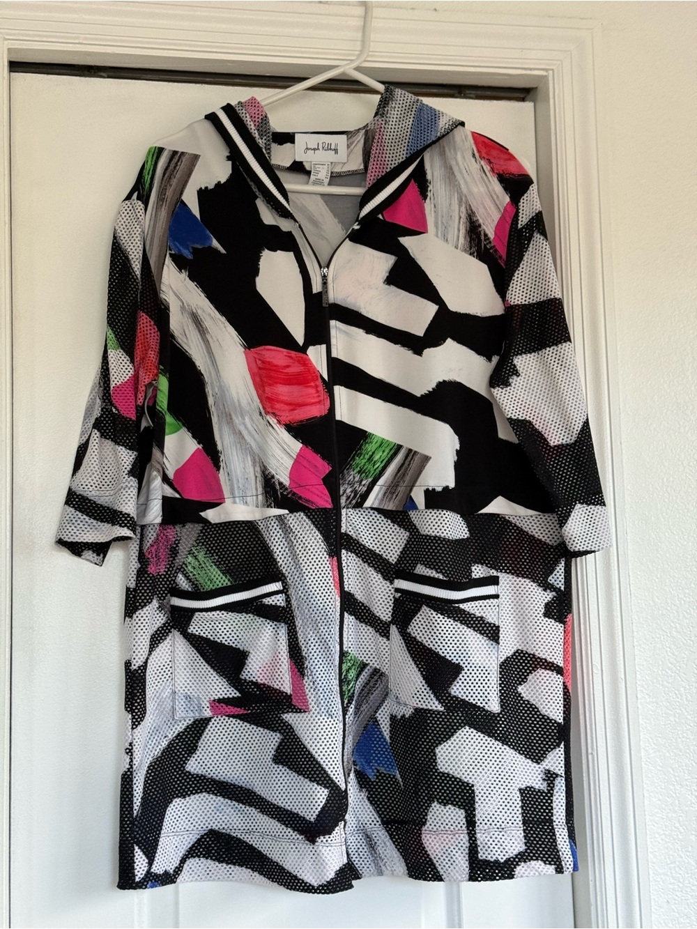 Joseph Ribkoff Black & White Abstract Print Hooded Dress Oversize